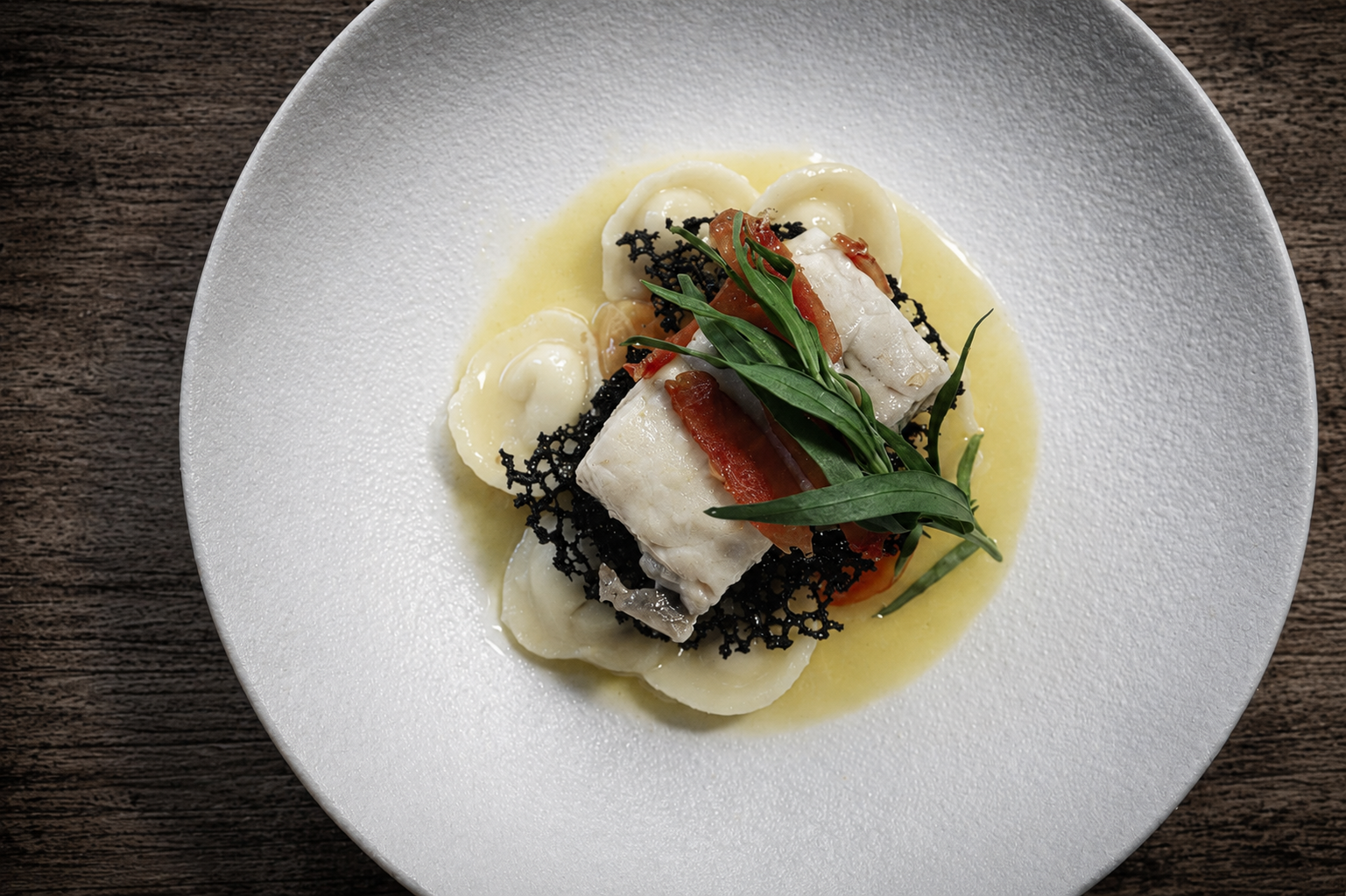 Tortellini, labneh and bonito, yellow tomato, thassos olive tuile, palamida